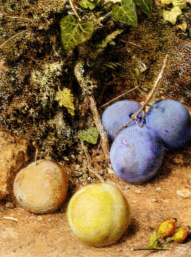 Still Life With Greengages And Plums On A Mossy Bank - 威廉·亨利·亨特